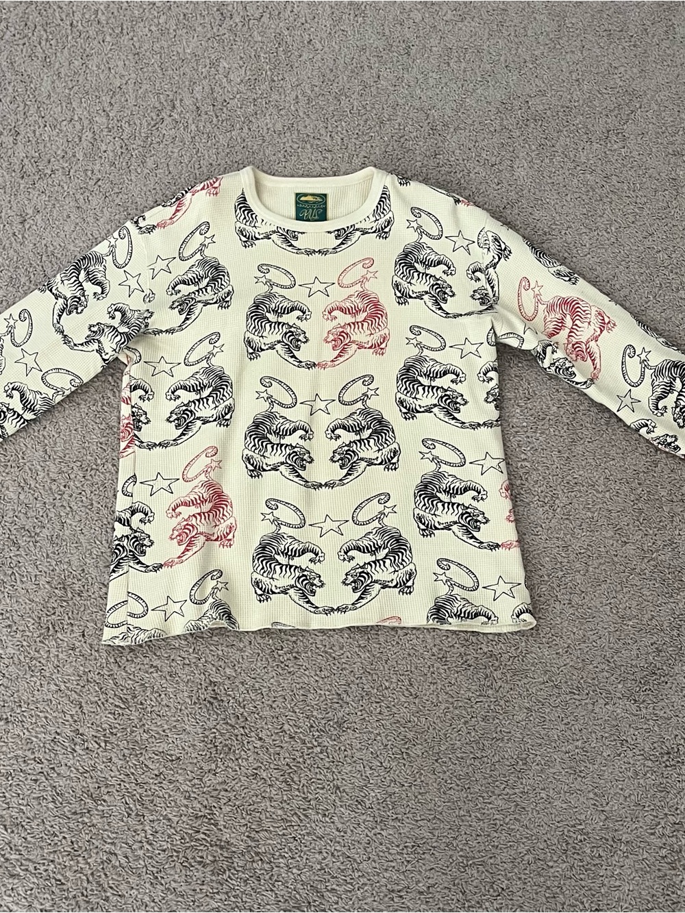 Corteiz Long Sleeve Tiger Print Thermal Top - Cream with Black & Red Tigers